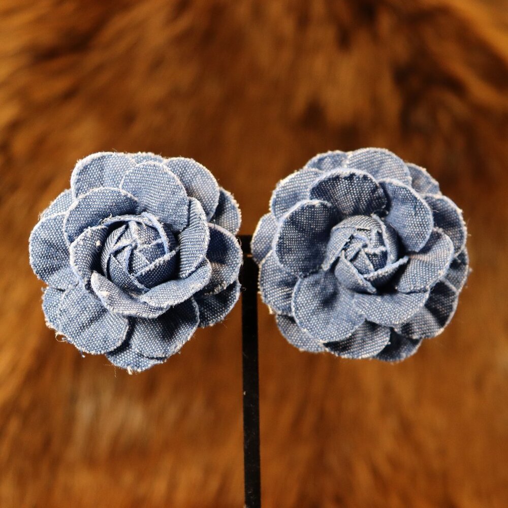 Blue Fabric Flower Drop Earrings with Gold Wire Hoops